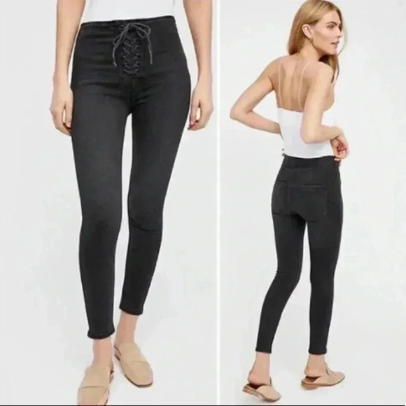 FREE PEOPLE BLACK LACE UP SKINNY JEANS SIZE 27 - Picture 1 of 8